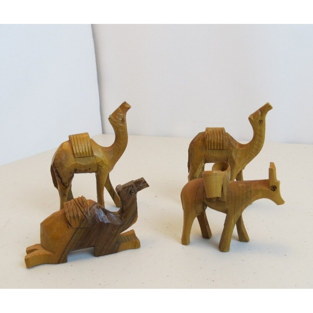 Vintage Hand Carved Wood Camel Mule Figurines 4 Piece Set Egypt Middle East